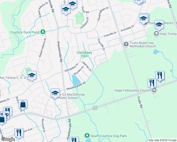 map of restaurants, bars, coffee shops, grocery stores, and more near 56 Hayman Street in Courtice