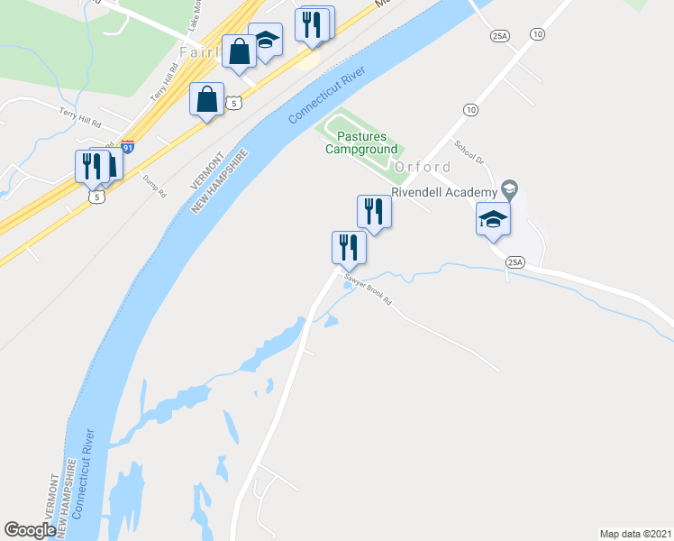 map of restaurants, bars, coffee shops, grocery stores, and more near 54 Sawyer Brook Road in Orford