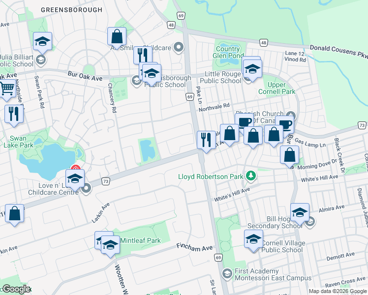 map of restaurants, bars, coffee shops, grocery stores, and more near 84 Chasser Drive in Markham
