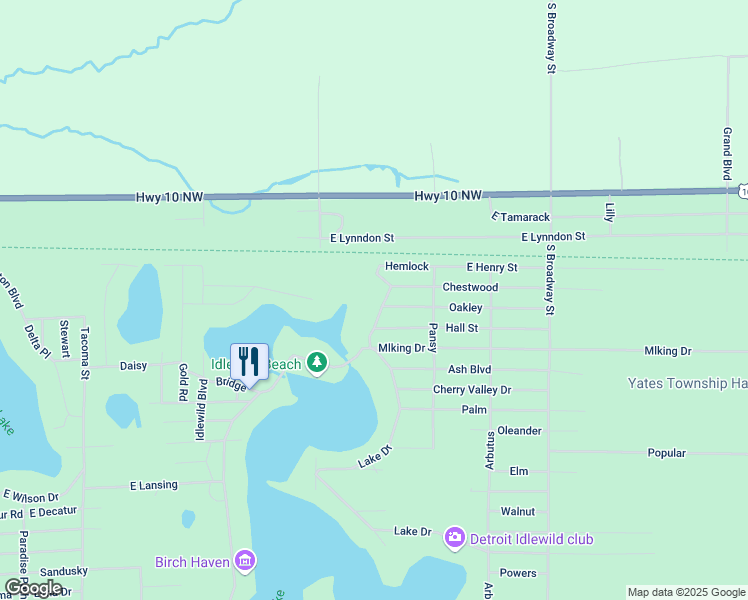 map of restaurants, bars, coffee shops, grocery stores, and more near 6227 Northrup Road in Idlewild
