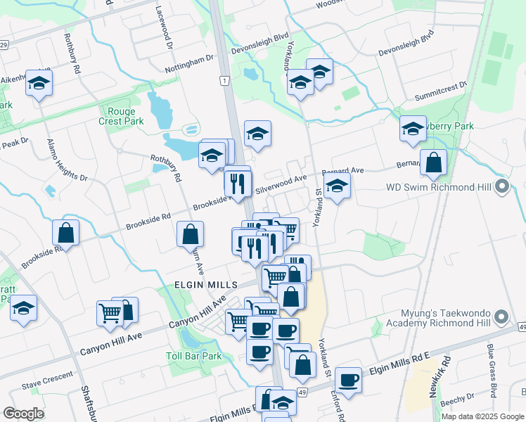 map of restaurants, bars, coffee shops, grocery stores, and more near 11091 Yonge Street in Richmond Hill
