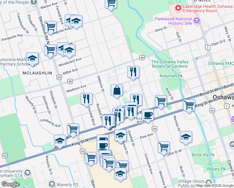 map of restaurants, bars, coffee shops, grocery stores, and more near 100 Rideau Street in Oshawa