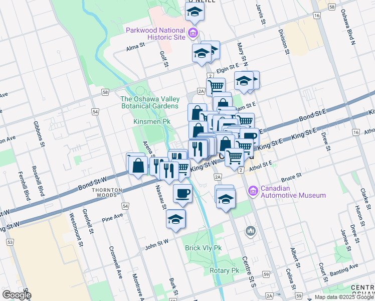 map of restaurants, bars, coffee shops, grocery stores, and more near in Oshawa