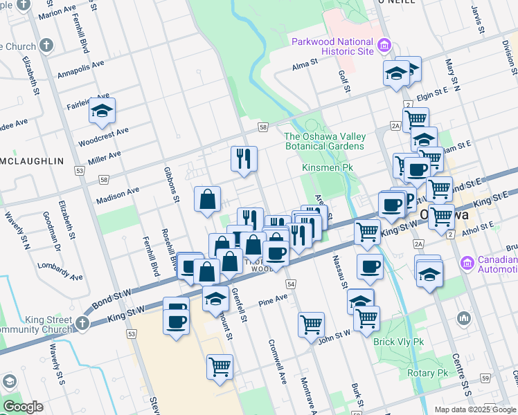 map of restaurants, bars, coffee shops, grocery stores, and more near in Oshawa