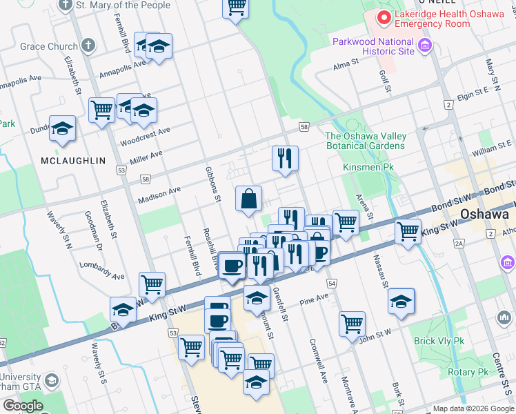 map of restaurants, bars, coffee shops, grocery stores, and more near 326 Saguenay Avenue in Oshawa