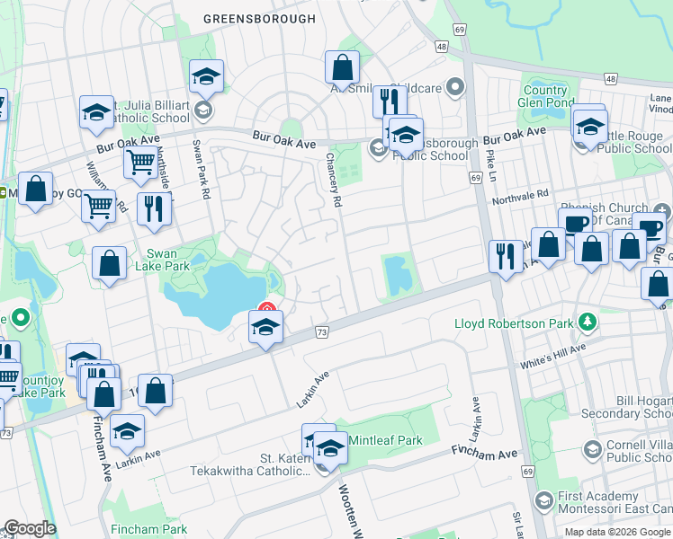 map of restaurants, bars, coffee shops, grocery stores, and more near in Markham