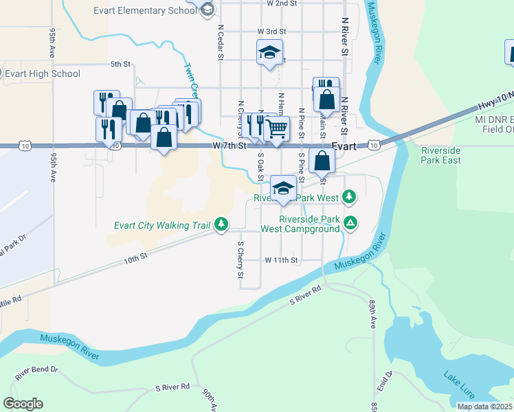 map of restaurants, bars, coffee shops, grocery stores, and more near 319 South Oak Street in Evart
