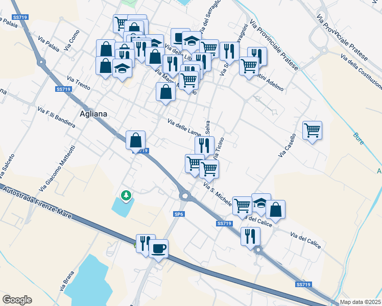 map of restaurants, bars, coffee shops, grocery stores, and more near 10 Via Don Giovanni Bosco in Agliana