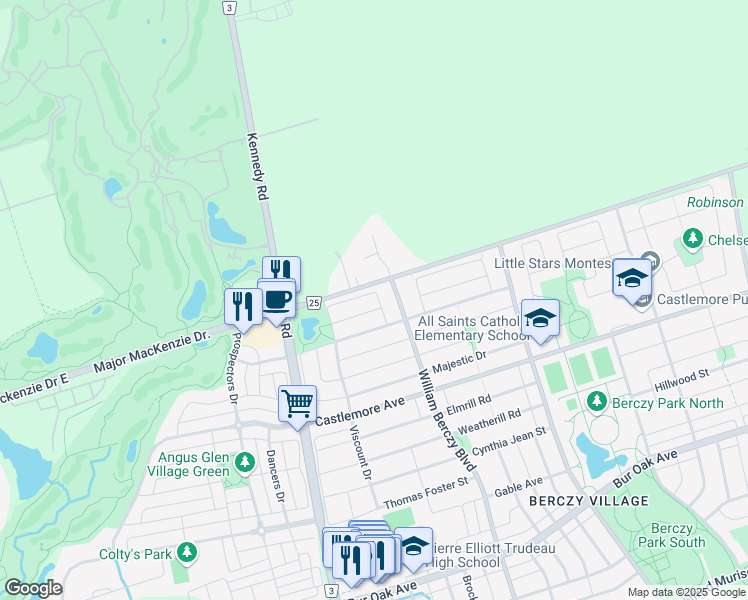 map of restaurants, bars, coffee shops, grocery stores, and more near 83 Aries Crescent in Markham