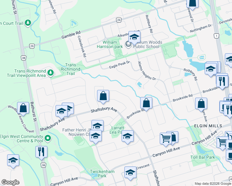 map of restaurants, bars, coffee shops, grocery stores, and more near 51 Cedar Springs Drive in Richmond Hill