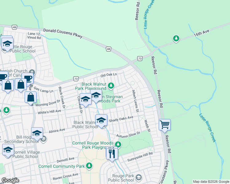 map of restaurants, bars, coffee shops, grocery stores, and more near 5 Pinecliff Avenue in Markham