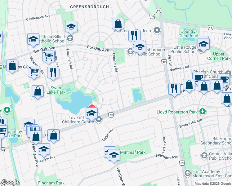 map of restaurants, bars, coffee shops, grocery stores, and more near in Markham