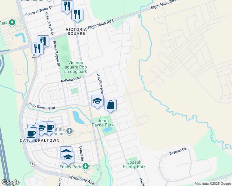 map of restaurants, bars, coffee shops, grocery stores, and more near 25 James Joyce Drive in Markham