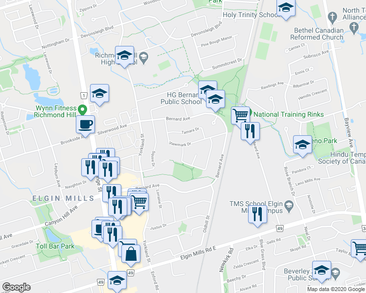 map of restaurants, bars, coffee shops, grocery stores, and more near 4 Coldstream Crescent in Richmond Hill