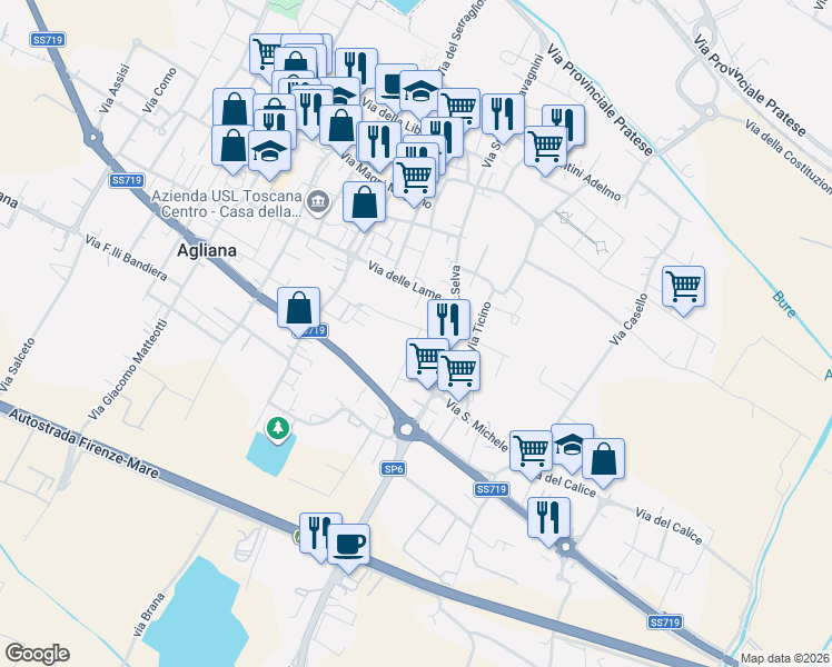 map of restaurants, bars, coffee shops, grocery stores, and more near 10 Via Don Giovanni Bosco in Agliana