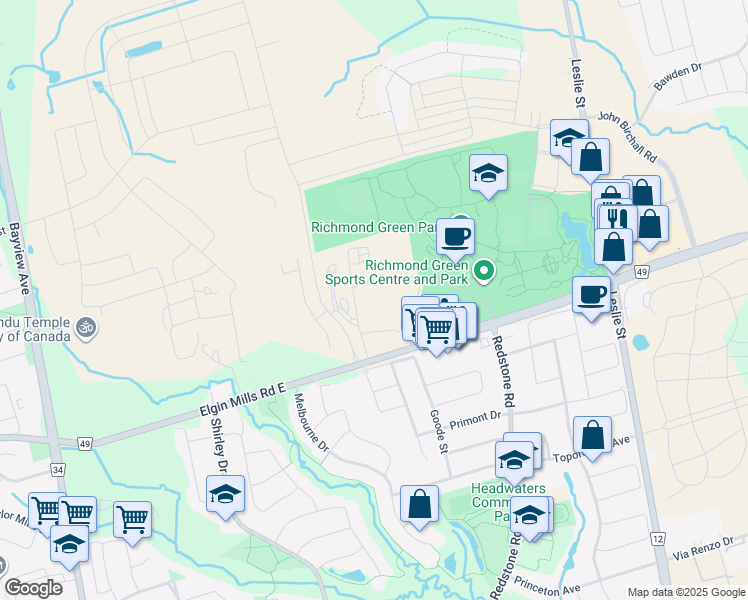 map of restaurants, bars, coffee shops, grocery stores, and more near 1200 Elgin Mills Road East in Richmond Hill