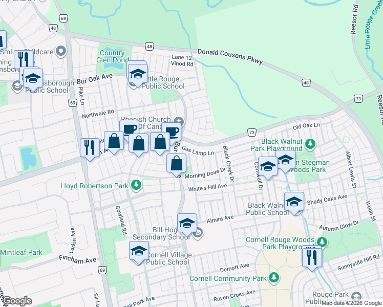 map of restaurants, bars, coffee shops, grocery stores, and more near 49 Colchester Street in Markham
