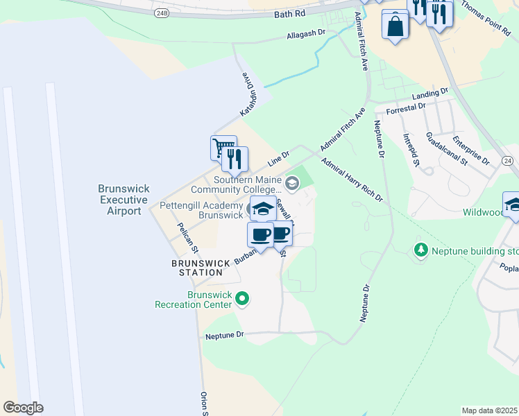 map of restaurants, bars, coffee shops, grocery stores, and more near Pegasus Street in Brunswick