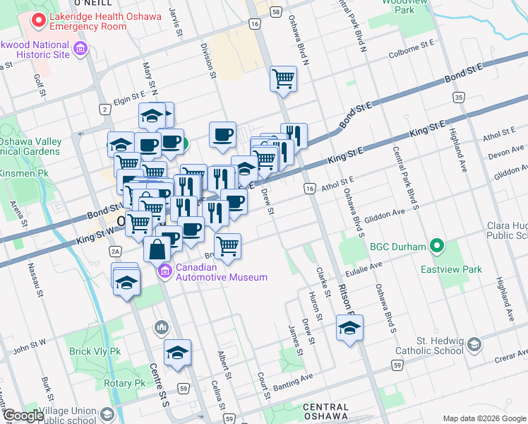 map of restaurants, bars, coffee shops, grocery stores, and more near 189 Athol Street East in Oshawa