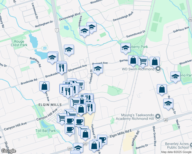 map of restaurants, bars, coffee shops, grocery stores, and more near 38 Squire Drive in Richmond Hill