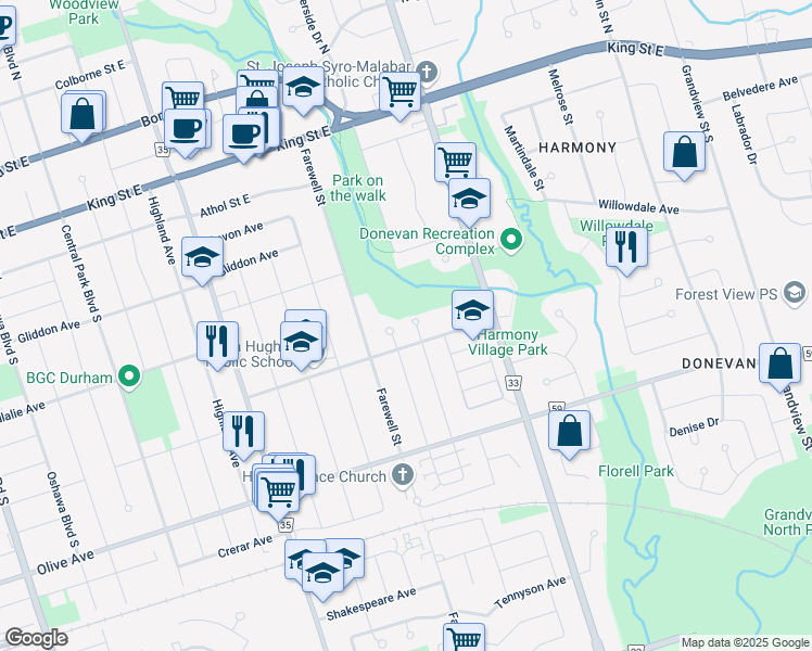 map of restaurants, bars, coffee shops, grocery stores, and more near 216 Linden Court in Oshawa