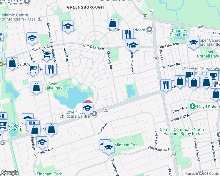 map of restaurants, bars, coffee shops, grocery stores, and more near 85 The Boardwalk Way in Markham