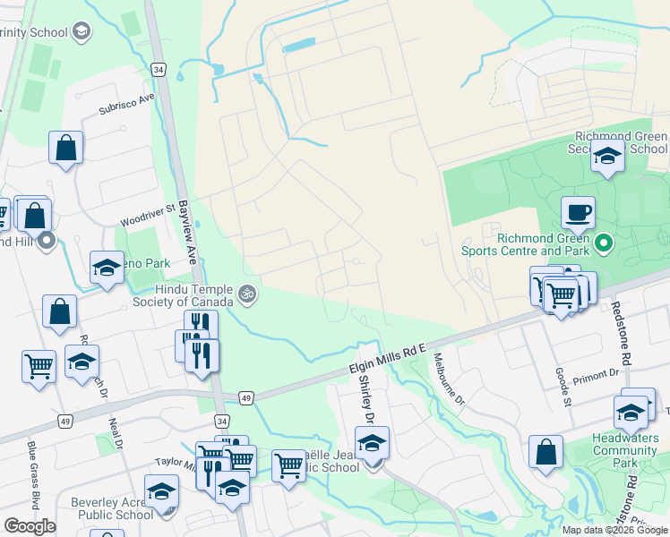map of restaurants, bars, coffee shops, grocery stores, and more near 5 Red Squirrel Lane in Richmond Hill