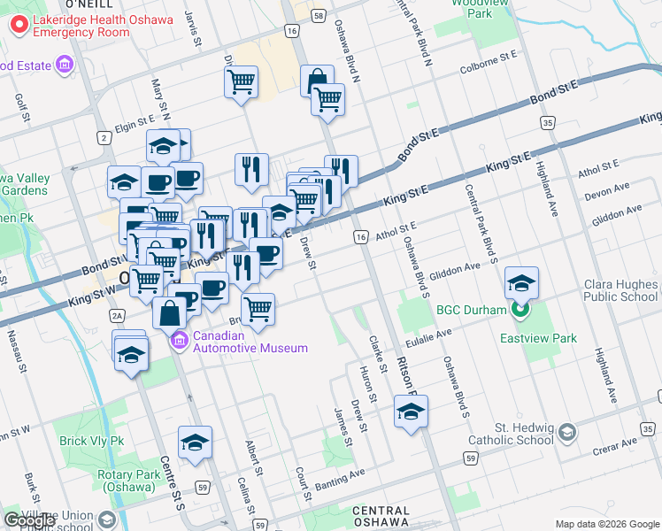 map of restaurants, bars, coffee shops, grocery stores, and more near 224 Arthur Street in Oshawa