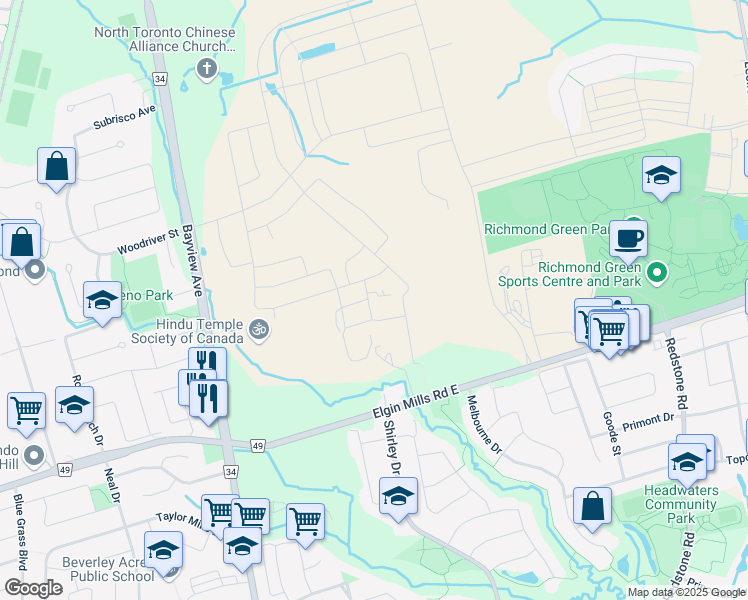 map of restaurants, bars, coffee shops, grocery stores, and more near 8 David Eyer Road in Richmond Hill