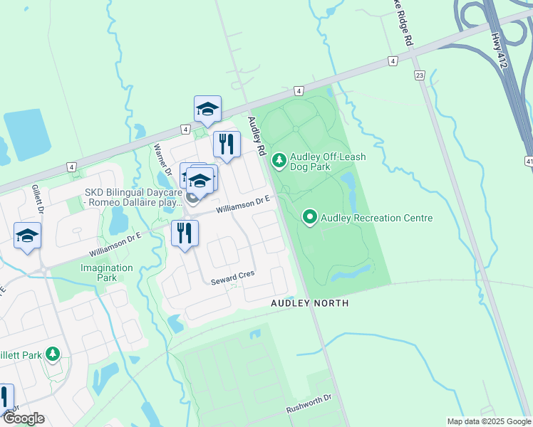 map of restaurants, bars, coffee shops, grocery stores, and more near 37 McNicol Crescent in Ajax