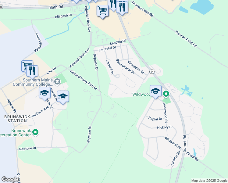 map of restaurants, bars, coffee shops, grocery stores, and more near Midway Circle in Brunswick