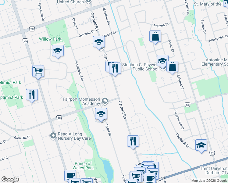 map of restaurants, bars, coffee shops, grocery stores, and more near 142 Garrard Road in Whitby