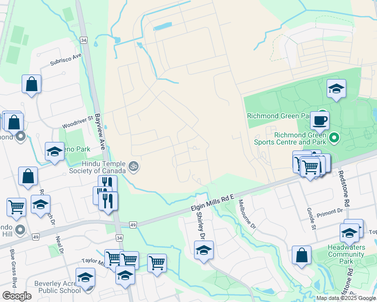 map of restaurants, bars, coffee shops, grocery stores, and more near David Eyer Road in Richmond Hill