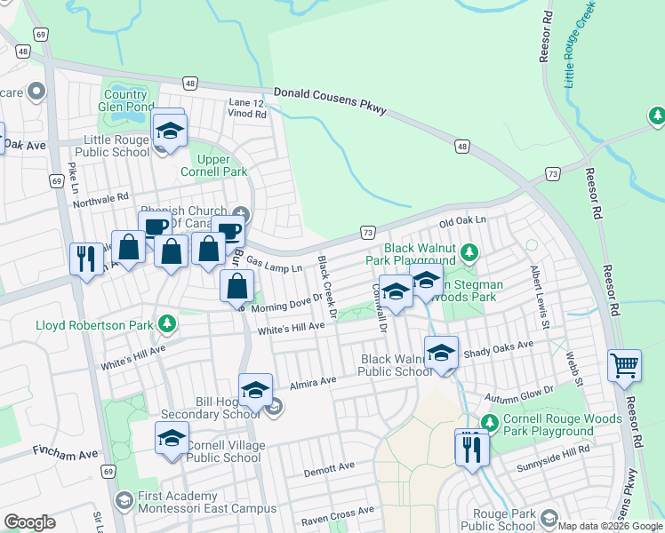 map of restaurants, bars, coffee shops, grocery stores, and more near 166 Morning Dove Drive in Markham
