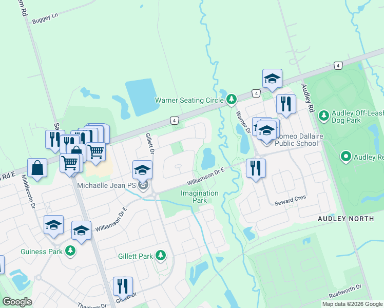 map of restaurants, bars, coffee shops, grocery stores, and more near 10 Portelli Crescent in Ajax