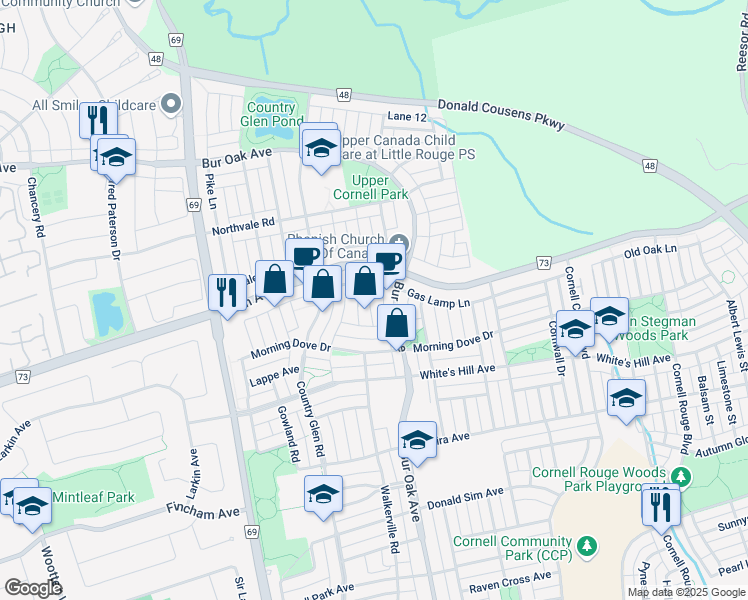 map of restaurants, bars, coffee shops, grocery stores, and more near 2 Peony Street in Markham