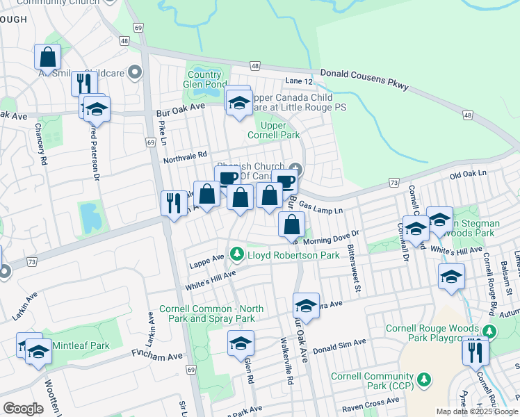 map of restaurants, bars, coffee shops, grocery stores, and more near 2 Peony Street in Markham