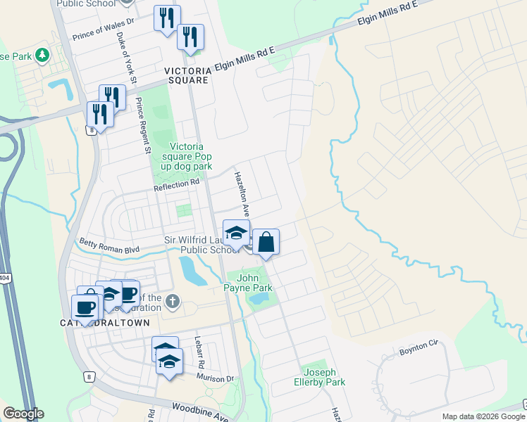 map of restaurants, bars, coffee shops, grocery stores, and more near 14 James Joyce Drive in Markham