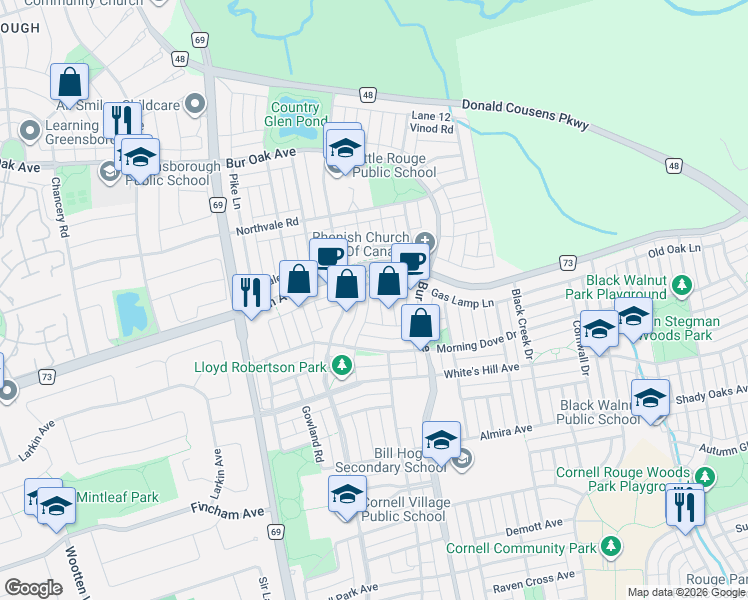 map of restaurants, bars, coffee shops, grocery stores, and more near 29 Clayson Street in Markham