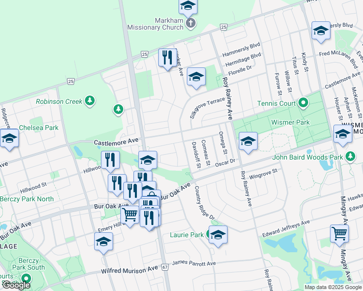 map of restaurants, bars, coffee shops, grocery stores, and more near 633 Fred McLaren Boulevard in Markham