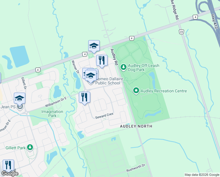 map of restaurants, bars, coffee shops, grocery stores, and more near 30 McNicol Crescent in Ajax
