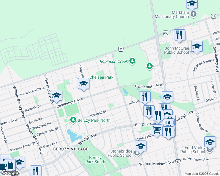 map of restaurants, bars, coffee shops, grocery stores, and more near 344 Castlemore Avenue in Markham