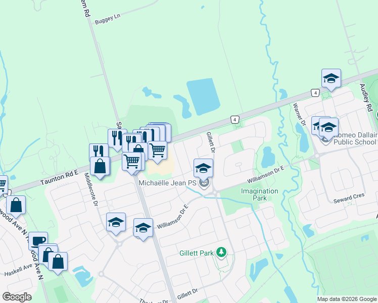 map of restaurants, bars, coffee shops, grocery stores, and more near 21 Watersplace Avenue in Ajax