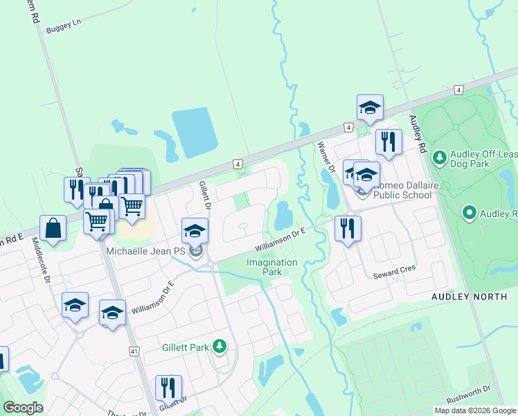 map of restaurants, bars, coffee shops, grocery stores, and more near 20 Portelli Crescent in Ajax