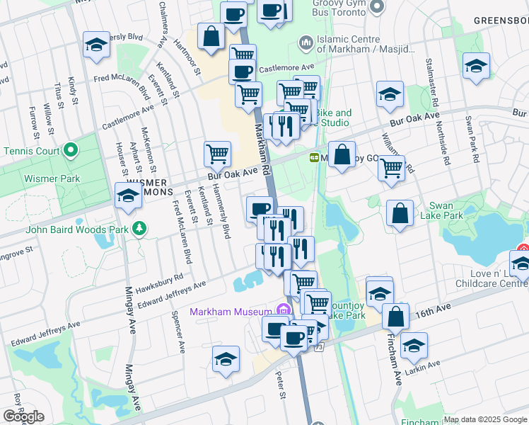 map of restaurants, bars, coffee shops, grocery stores, and more near 9560 Markham Road in Markham