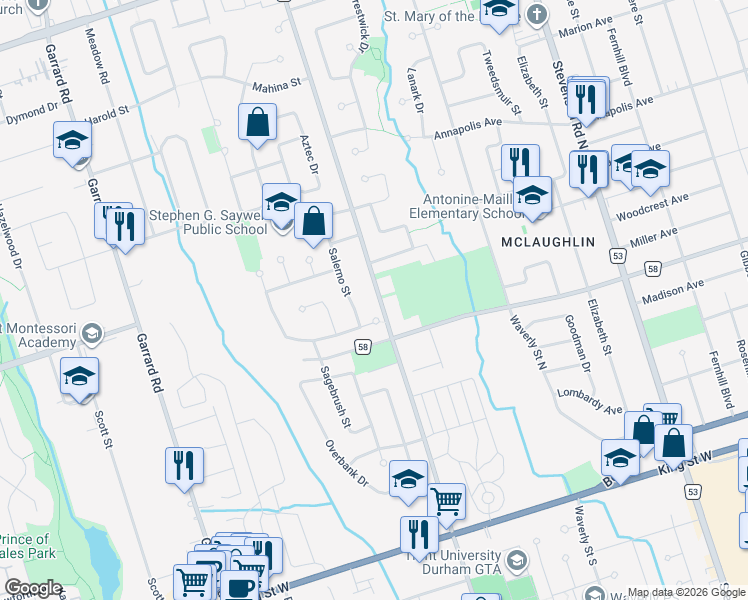 map of restaurants, bars, coffee shops, grocery stores, and more near 280 Thornton Road North in Oshawa