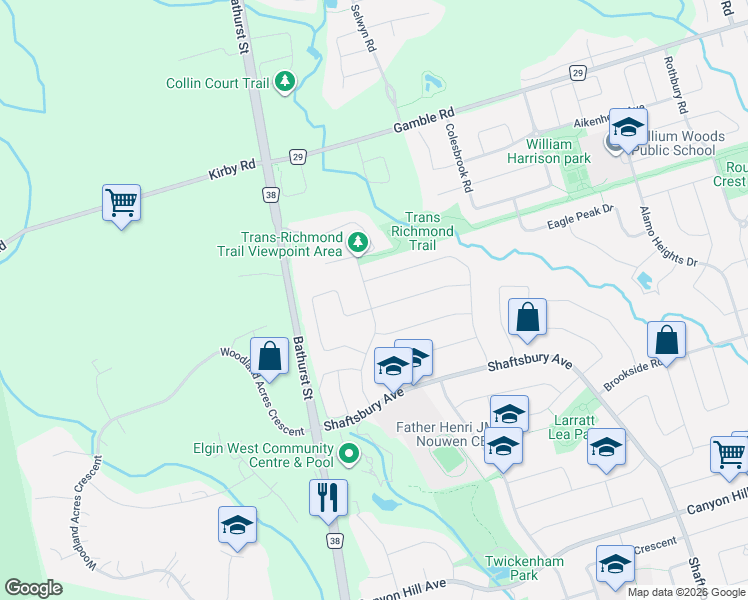 map of restaurants, bars, coffee shops, grocery stores, and more near 2 Rocksprings Avenue in Richmond Hill