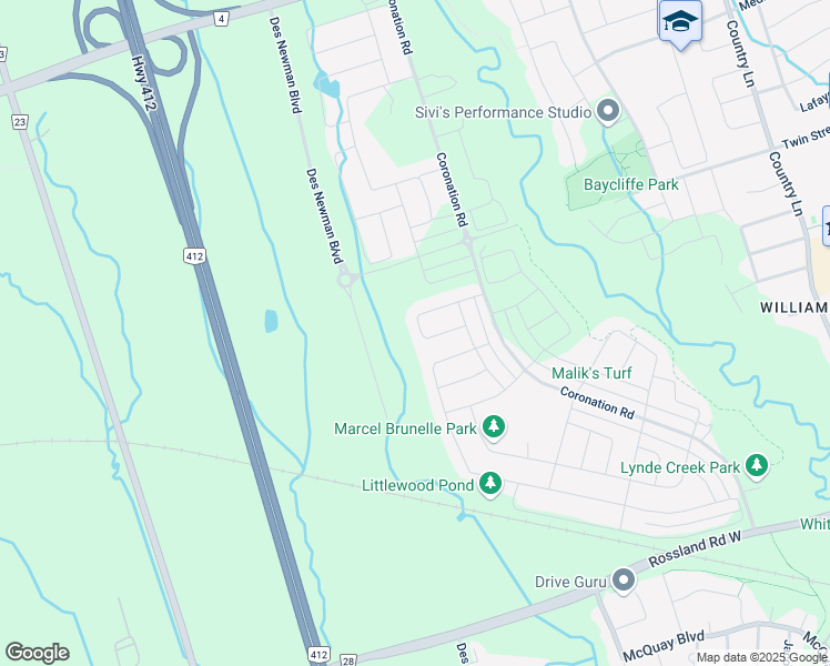 map of restaurants, bars, coffee shops, grocery stores, and more near 3360 Coronation Road in Whitby