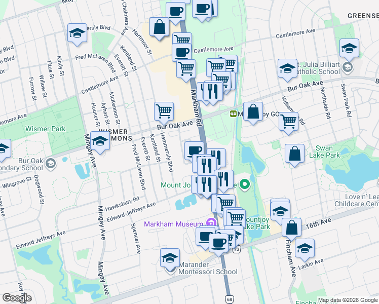 map of restaurants, bars, coffee shops, grocery stores, and more near 24 Orca Drive in Markham