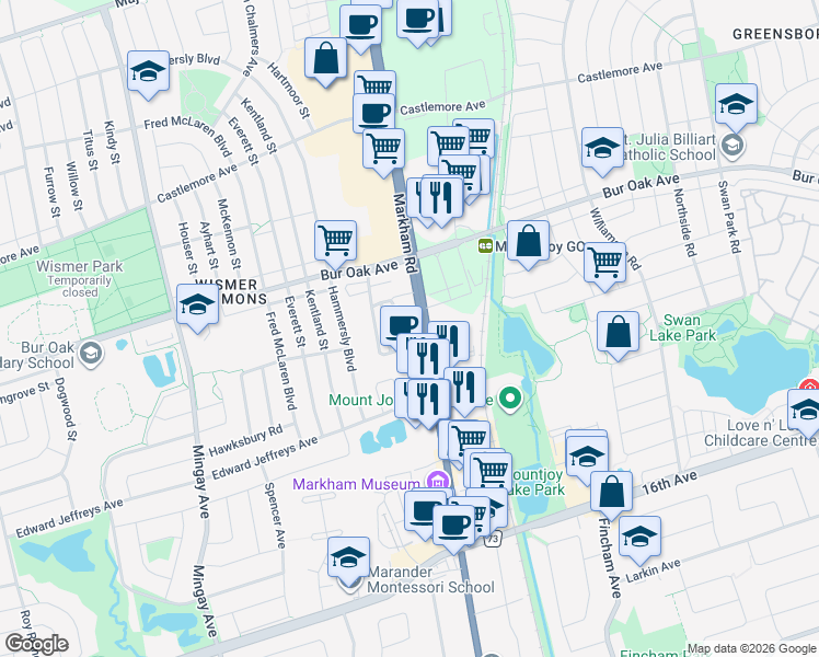 map of restaurants, bars, coffee shops, grocery stores, and more near in Markham